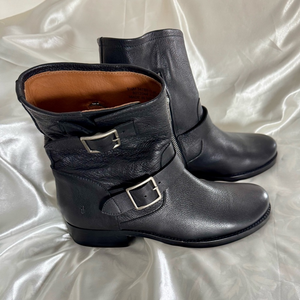 Frye Black Leather Buckle Boots